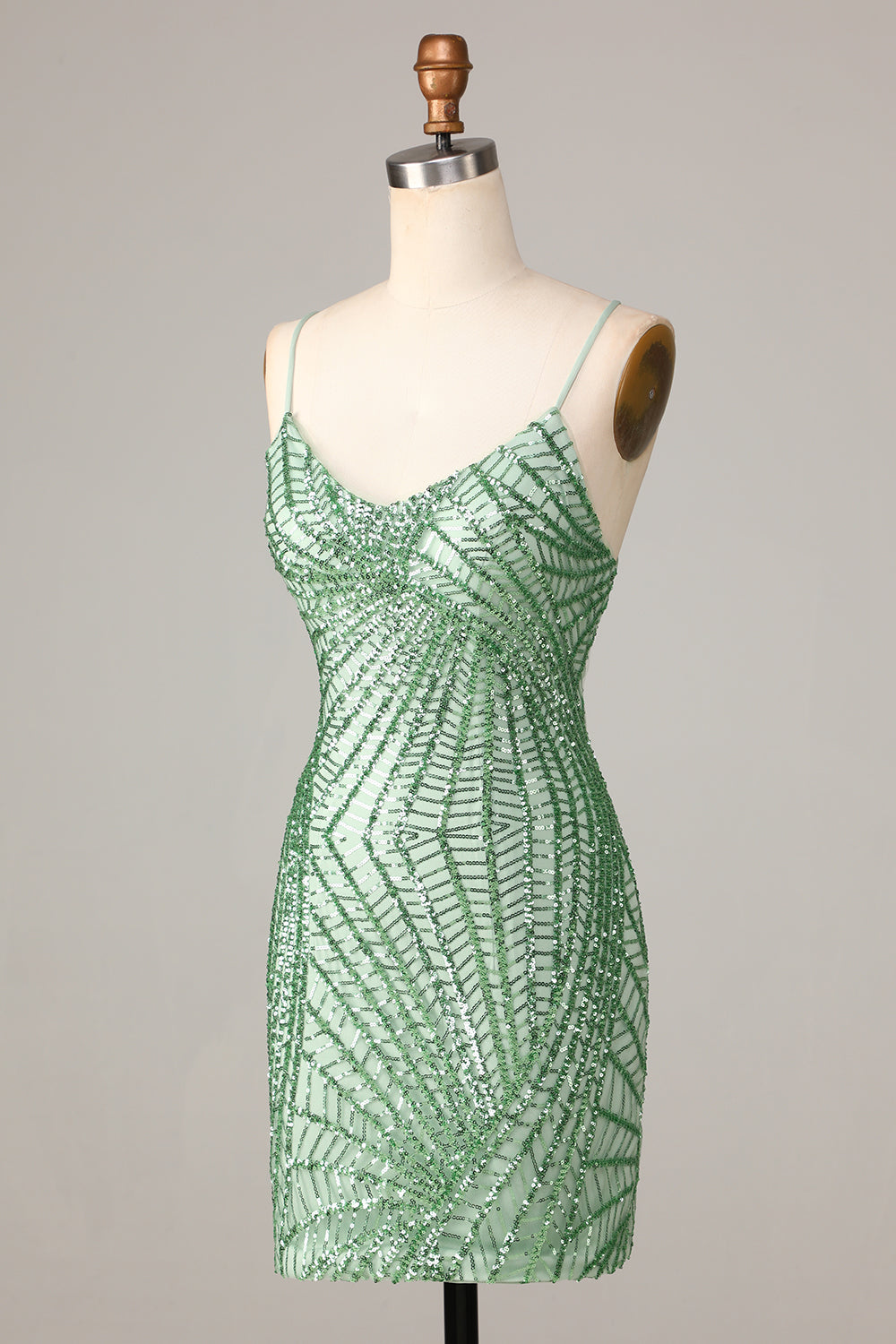 Sheath Spaghetti Straps Green Sequins Short Homecoming Dress With Criss Cross Back Sparkly