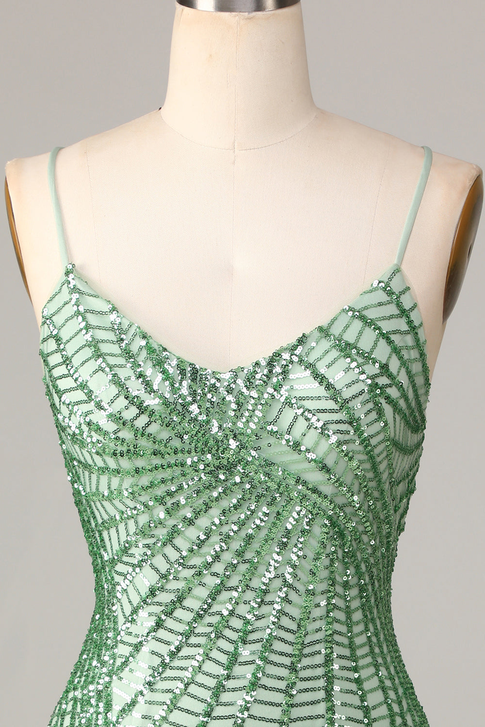 Sheath Spaghetti Straps Green Sequins Short Homecoming Dress With Criss Cross Back Sparkly
