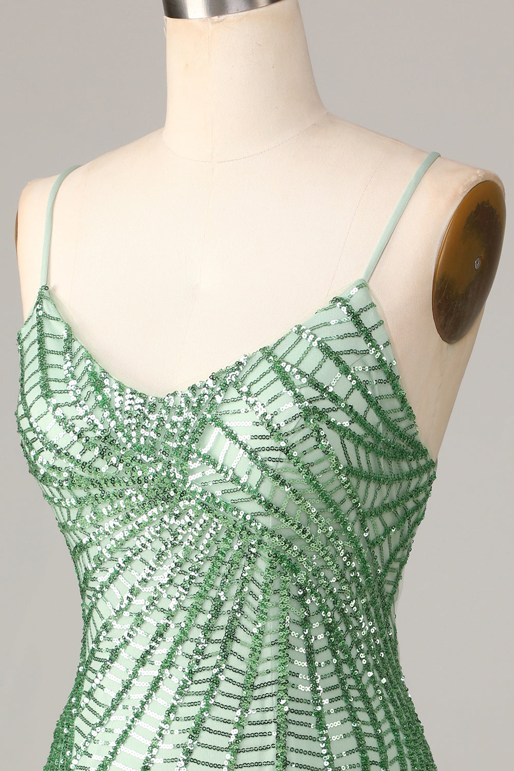 Sheath Spaghetti Straps Green Sequins Short Homecoming Dress With Criss Cross Back Sparkly
