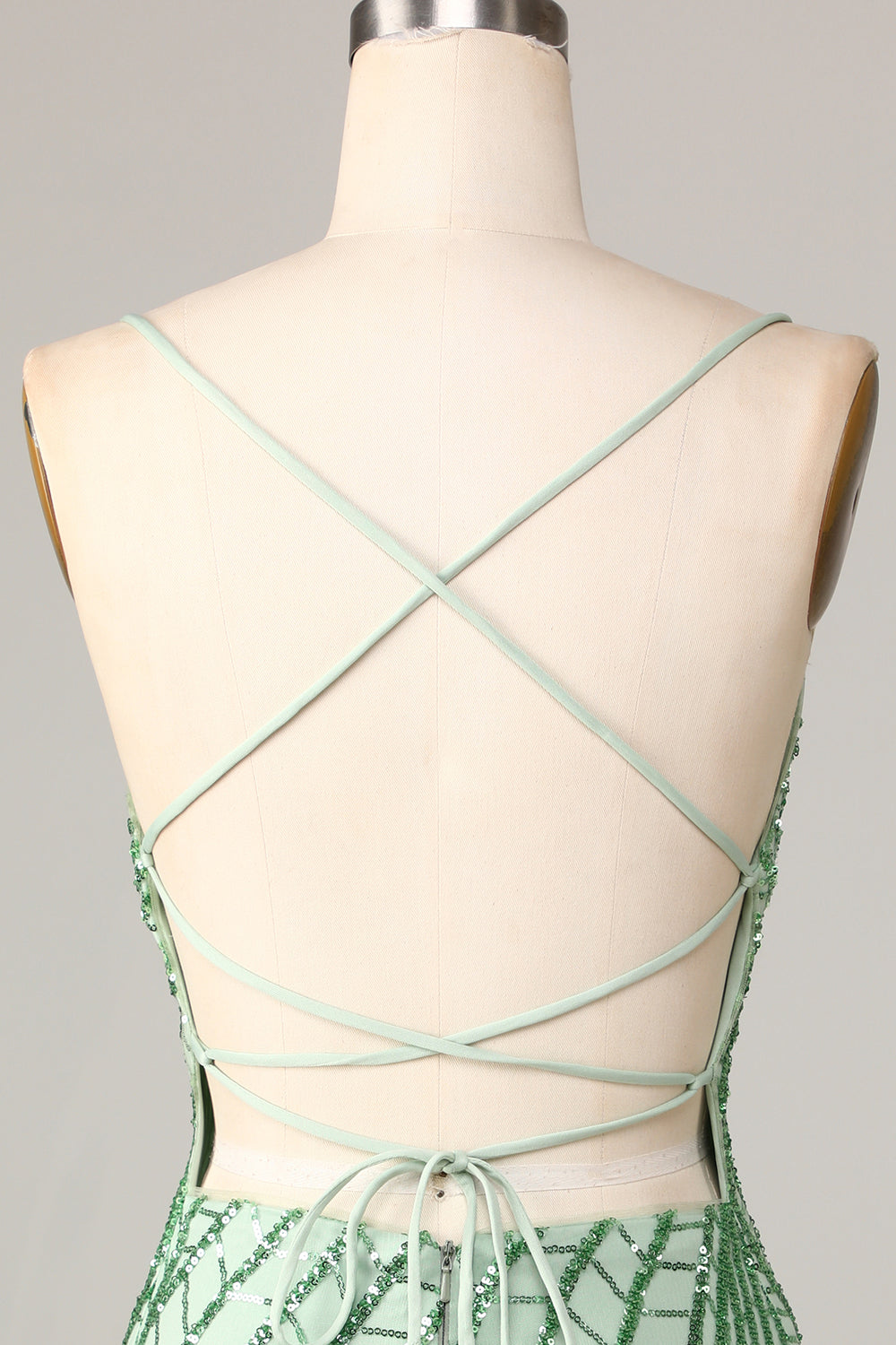 Sheath Spaghetti Straps Green Sequins Short Homecoming Dress With Criss Cross Back Sparkly