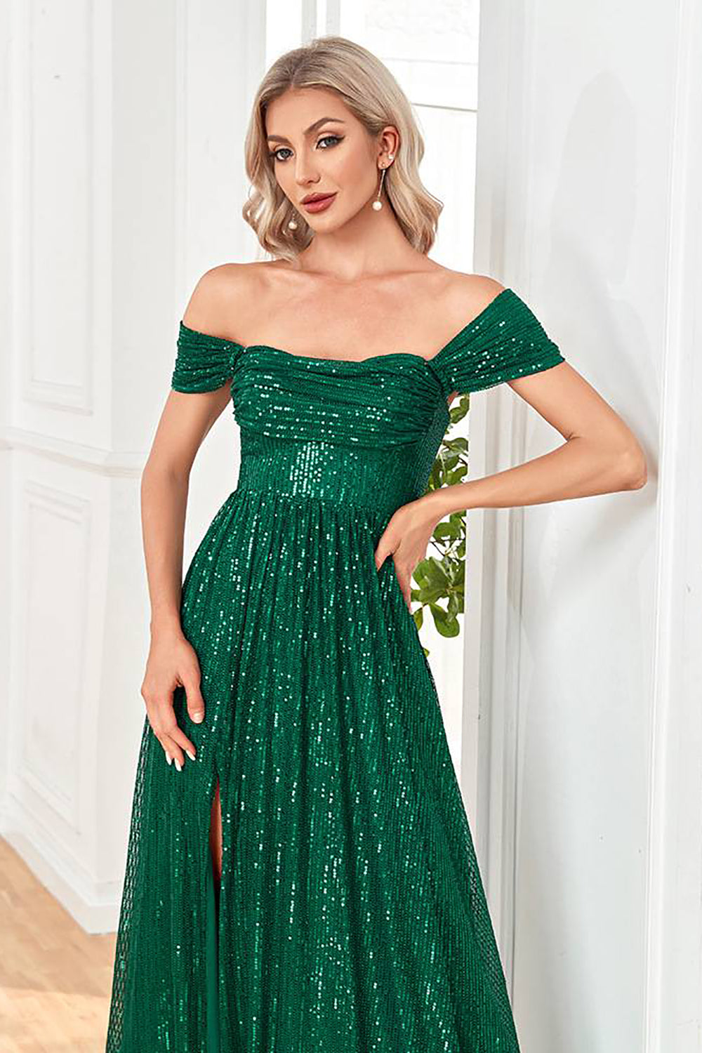 Glitter Dark Green Sheath Long Sequined Prom Dress With Slit Sparkly Evening Dresses
