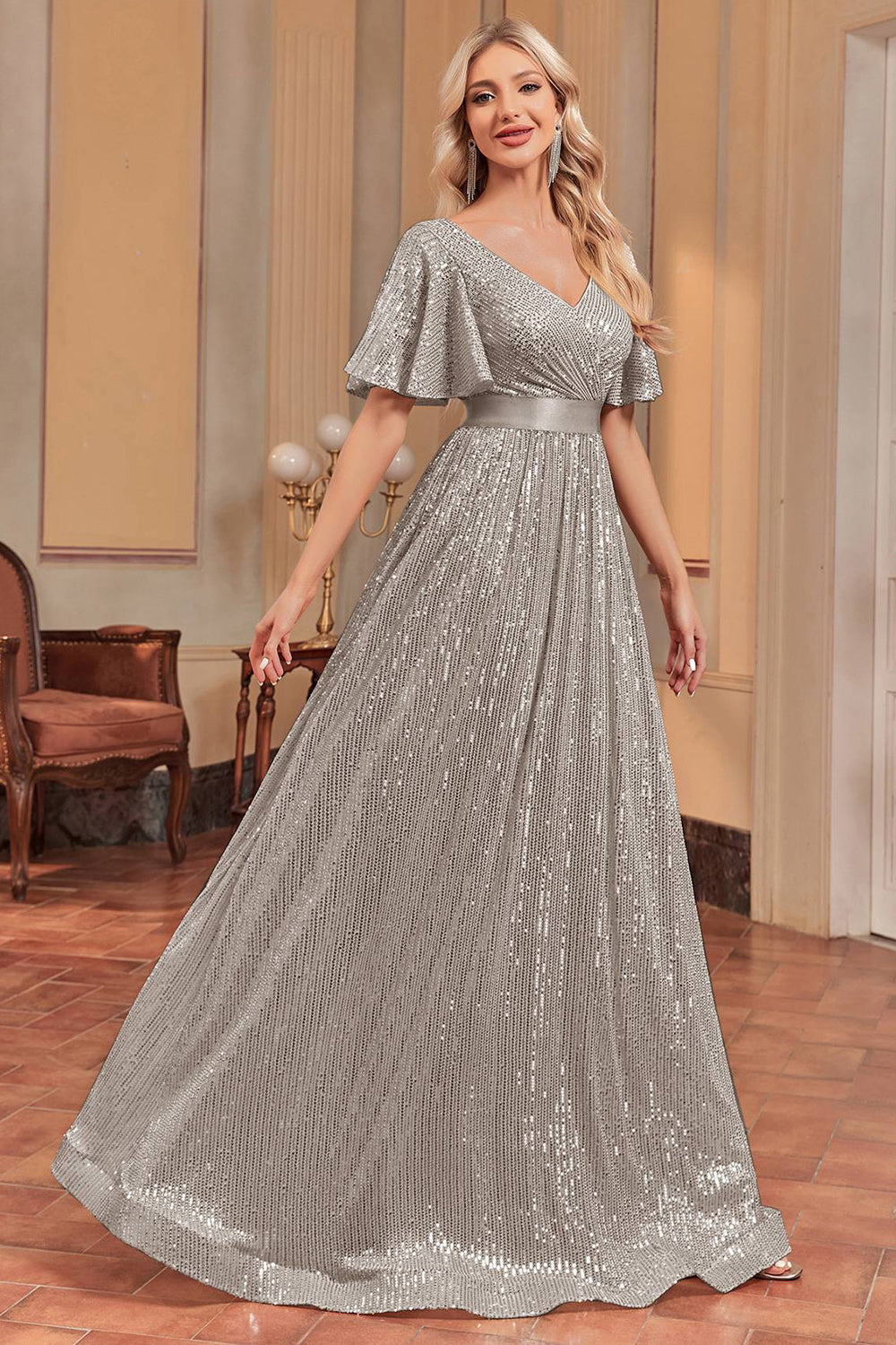 A Line Long Sequined Prom Dress With Sash Sparkly Evening Dresses