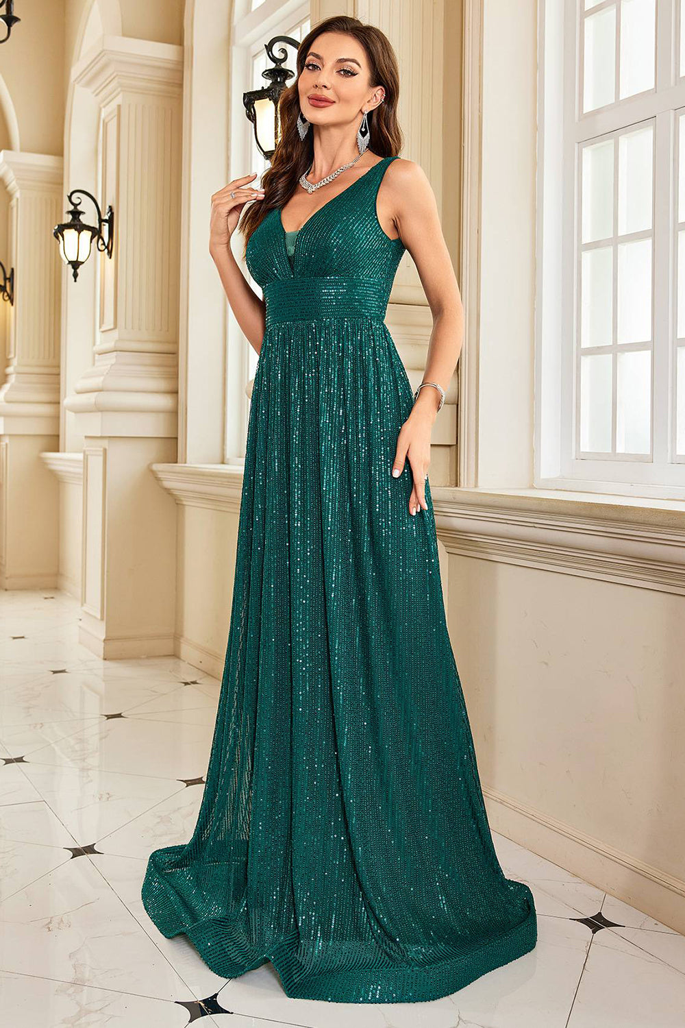 Glitter Dark Green Long Sequined Long Prom Dress Sparkly Evening Dresses