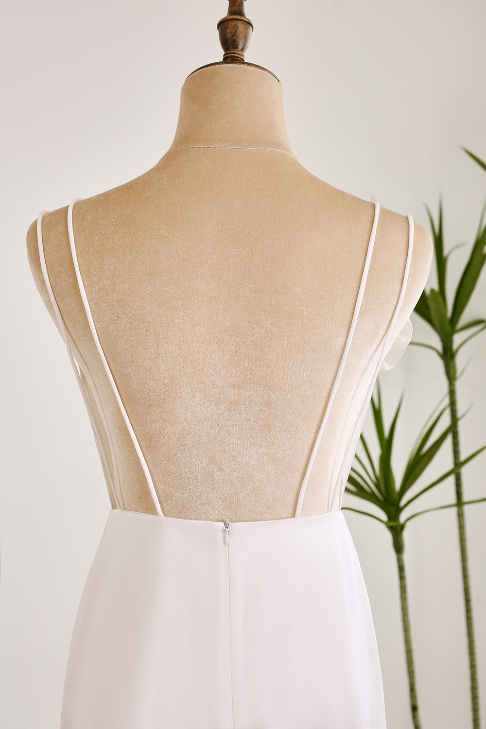 Simulated Silk Satin Deep V Neck Backless Cute White Short Graduation Dress Pure Color