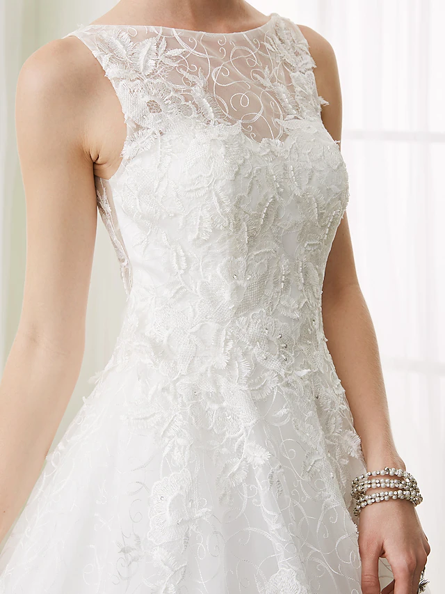 Ball Gown Wedding Dresses Bateau Neck Court Train Beaded Lace Regular Straps See-Through Beautiful Back with Beading