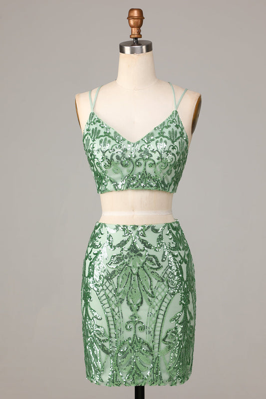 Two Piece Spaghetti Straps Green Sequins Short Homecoming Dress Sexy