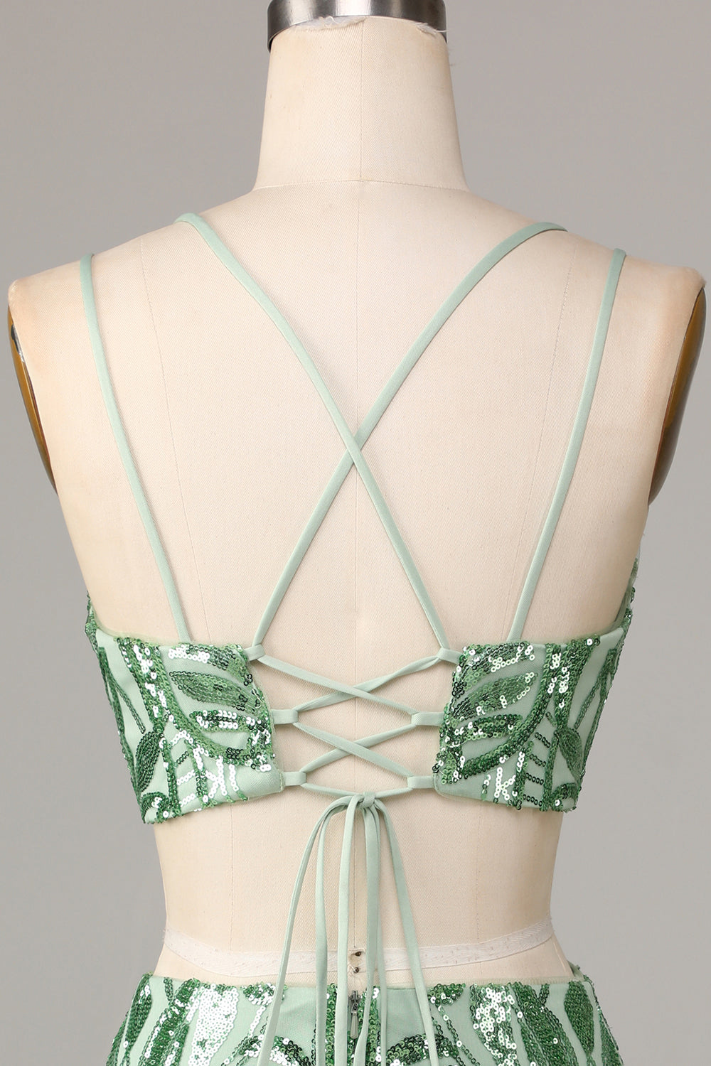 Two Piece Spaghetti Straps Green Sequins Short Homecoming Dress Sexy