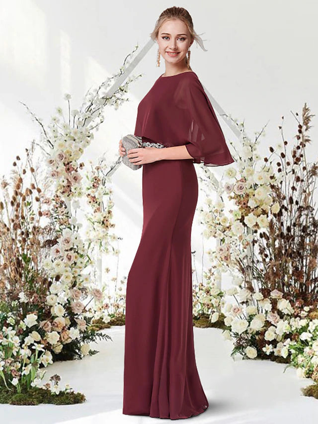 Sheath / Column Minimalist Elegant Engagement Formal Evening Dress Jewel Neck Half Sleeve Floor Length Chiffon with Sash