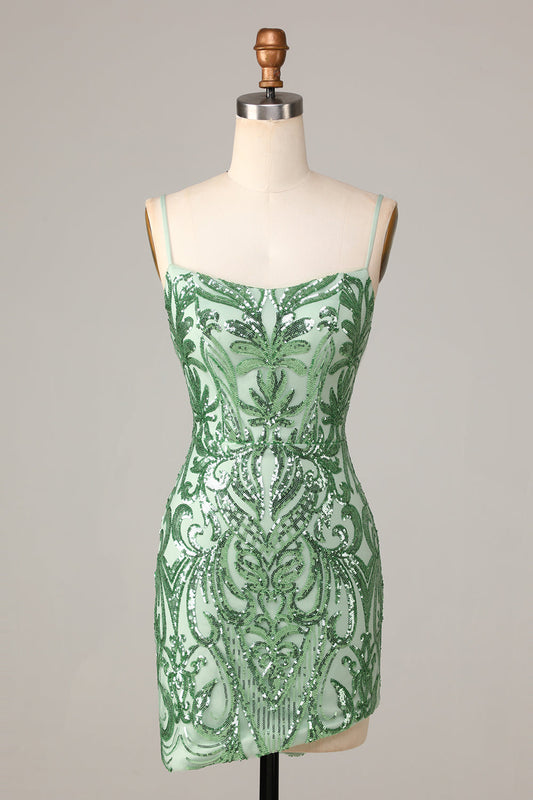 Bodycon Spaghetti Straps Green Sequins Short Homecoming Dress Sparkly
