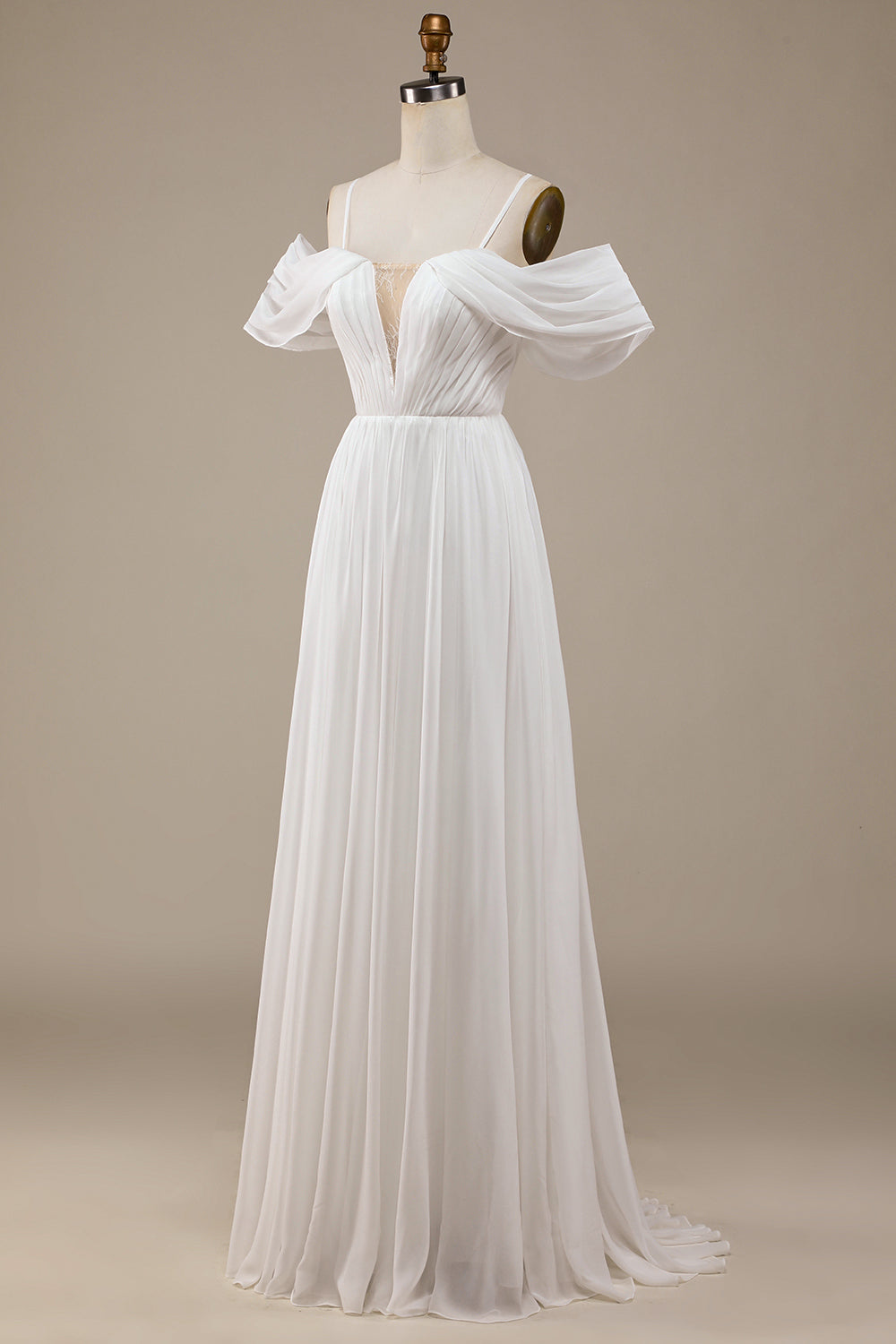 Ivory Simple A Line Off The Shoulder Boho Chiffon Ruched Wedding Dress Sexy