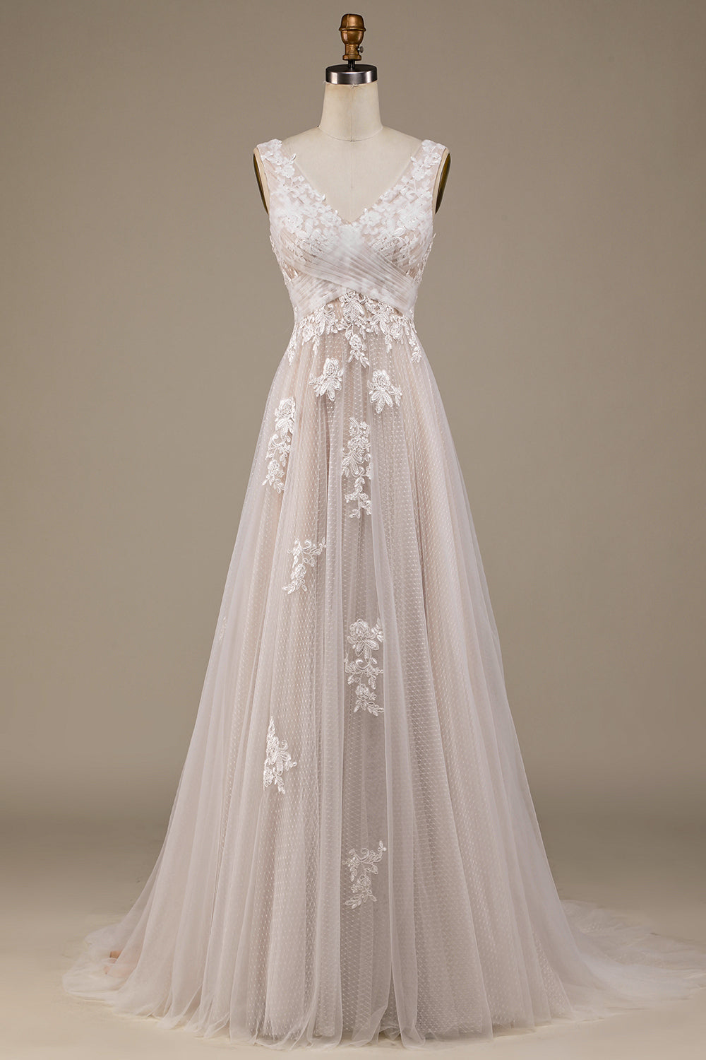 Ivory A Line Tulle Sweep Train Wedding Dress with Lace V-neck