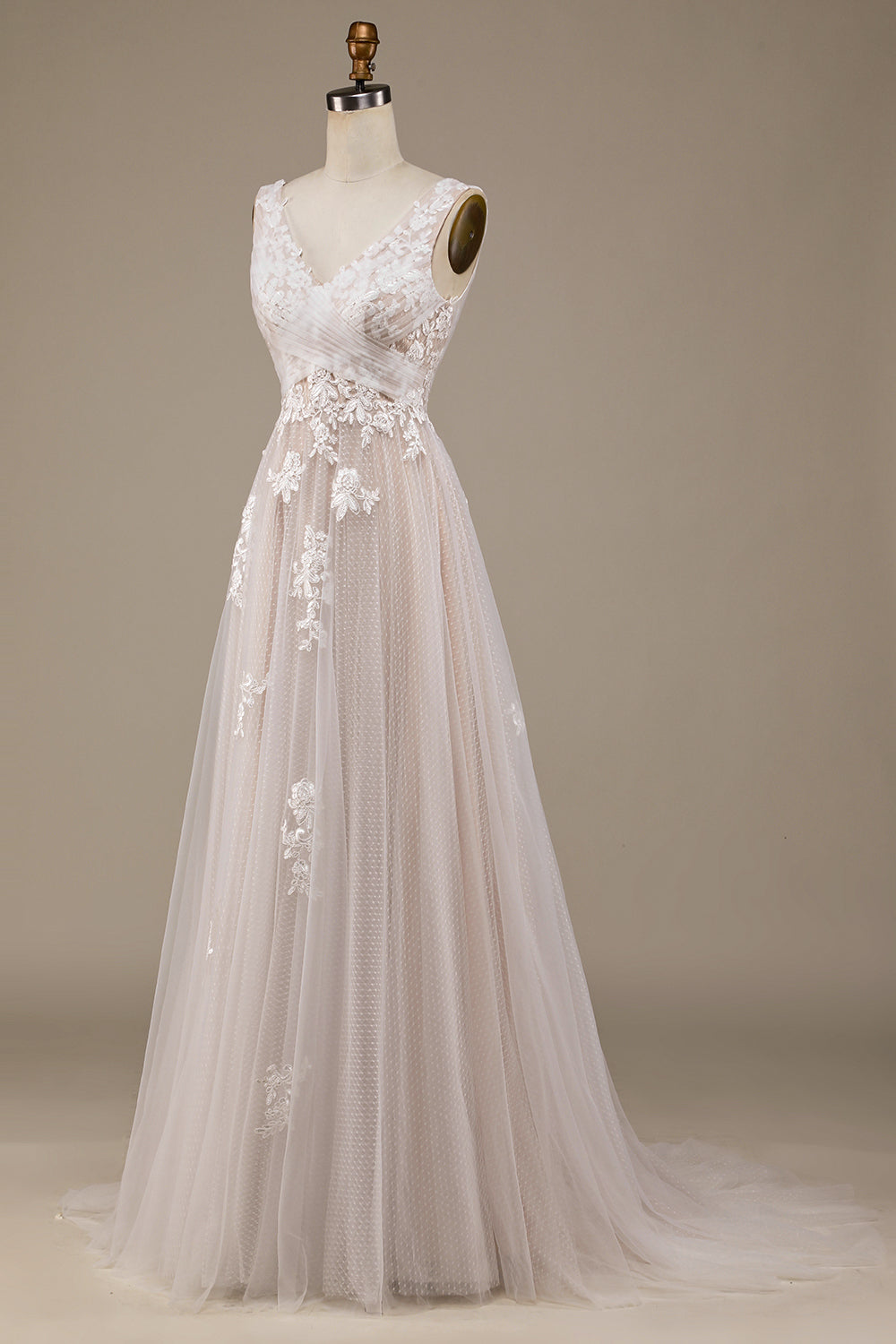 Ivory A Line Tulle Sweep Train Wedding Dress with Lace V-neck
