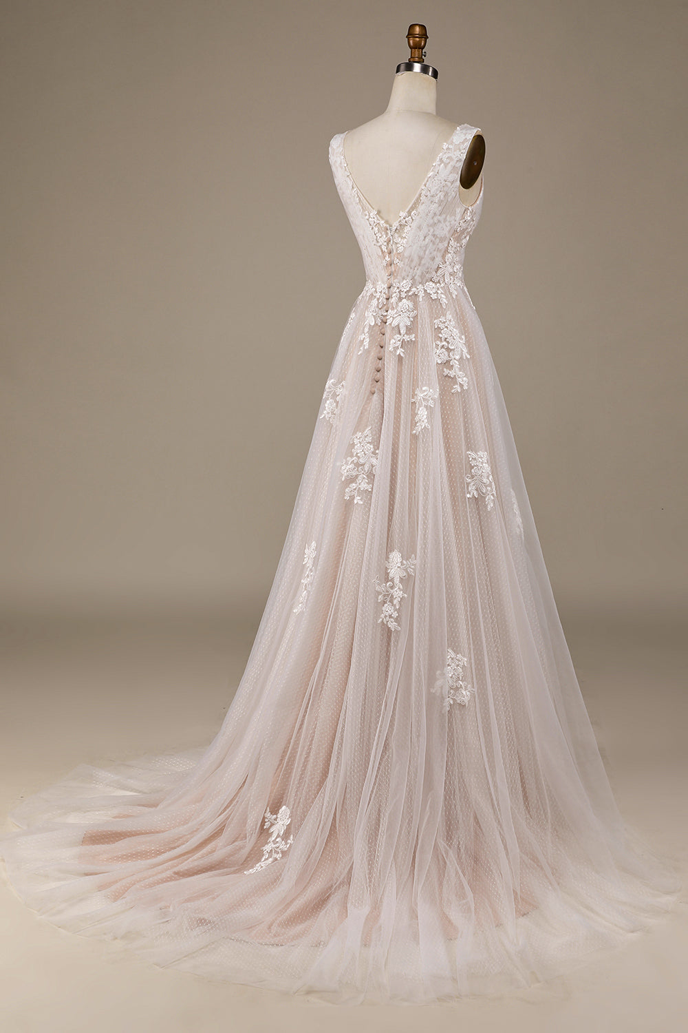 Ivory A Line Tulle Sweep Train Wedding Dress with Lace V-neck