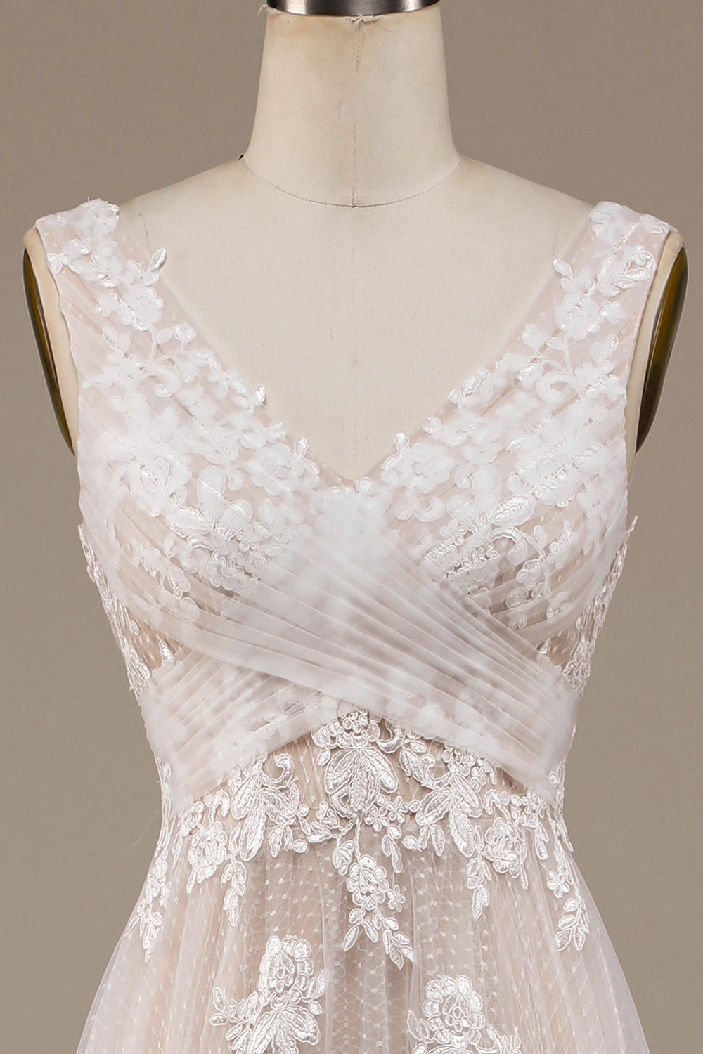 Ivory A Line Tulle Sweep Train Wedding Dress with Lace V-neck