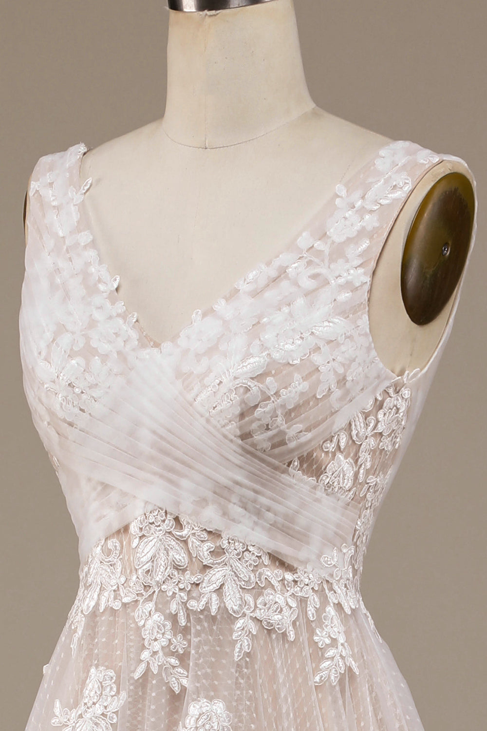 Ivory A Line Tulle Sweep Train Wedding Dress with Lace V-neck