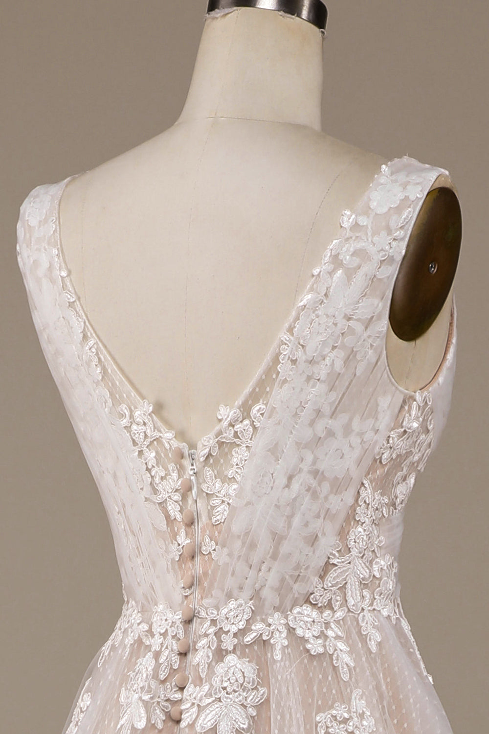 Ivory A Line Tulle Sweep Train Wedding Dress with Lace V-neck