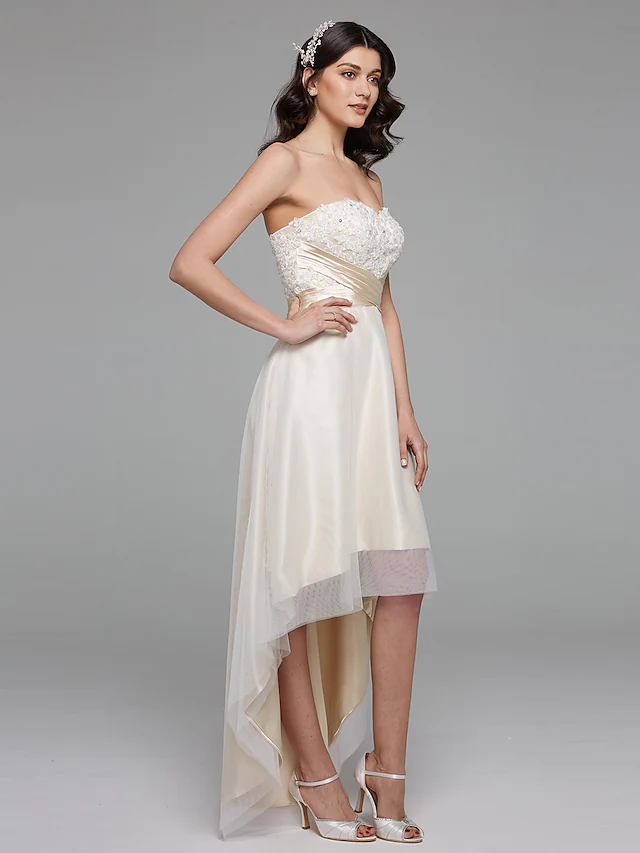 A-Line Wedding Dresses Sweetheart Neckline Asymmetrical Satin Floral Lace Strapless Simple Plus Size with Bowknot Sash Ribbon
