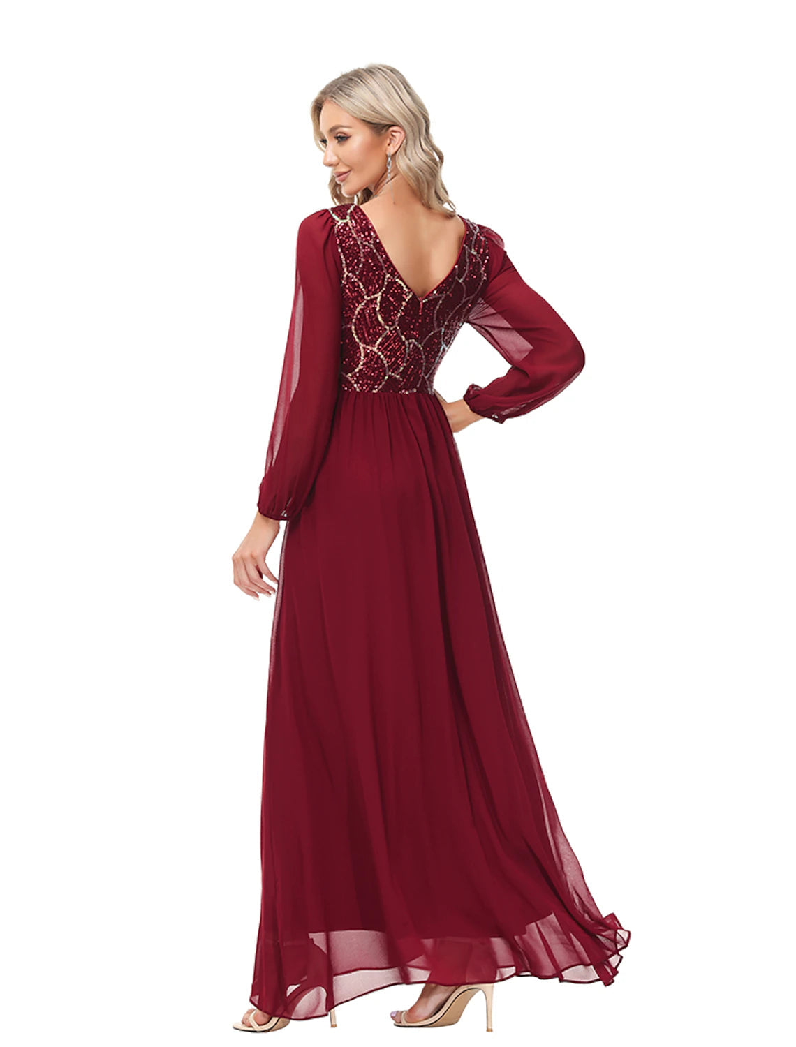 A-Line Evening Gown Empire Dress Party Wear Floor Length Long Sleeve Jewel Neck Chiffon V Back with Sequin