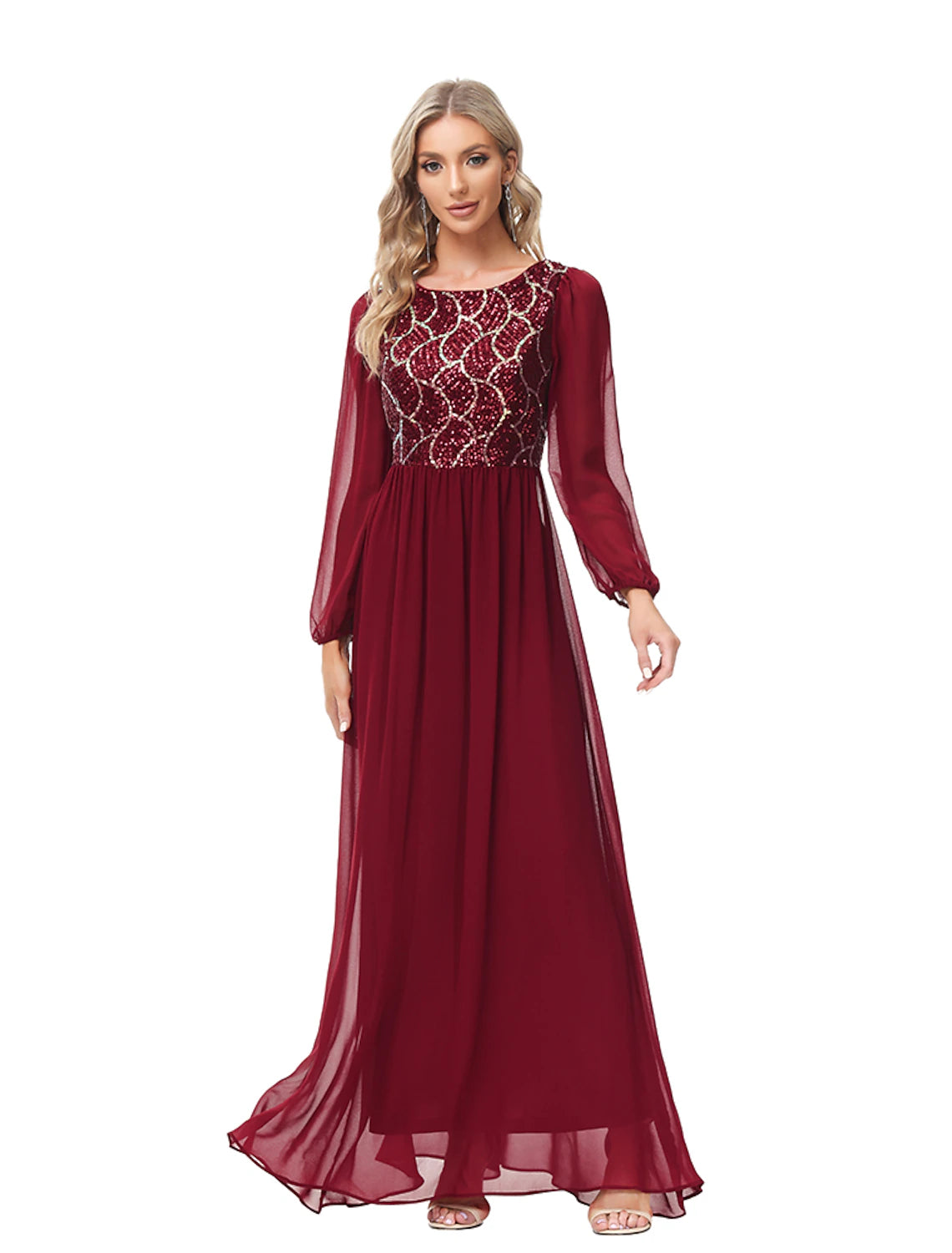 A-Line Evening Gown Empire Dress Party Wear Floor Length Long Sleeve Jewel Neck Chiffon V Back with Sequin