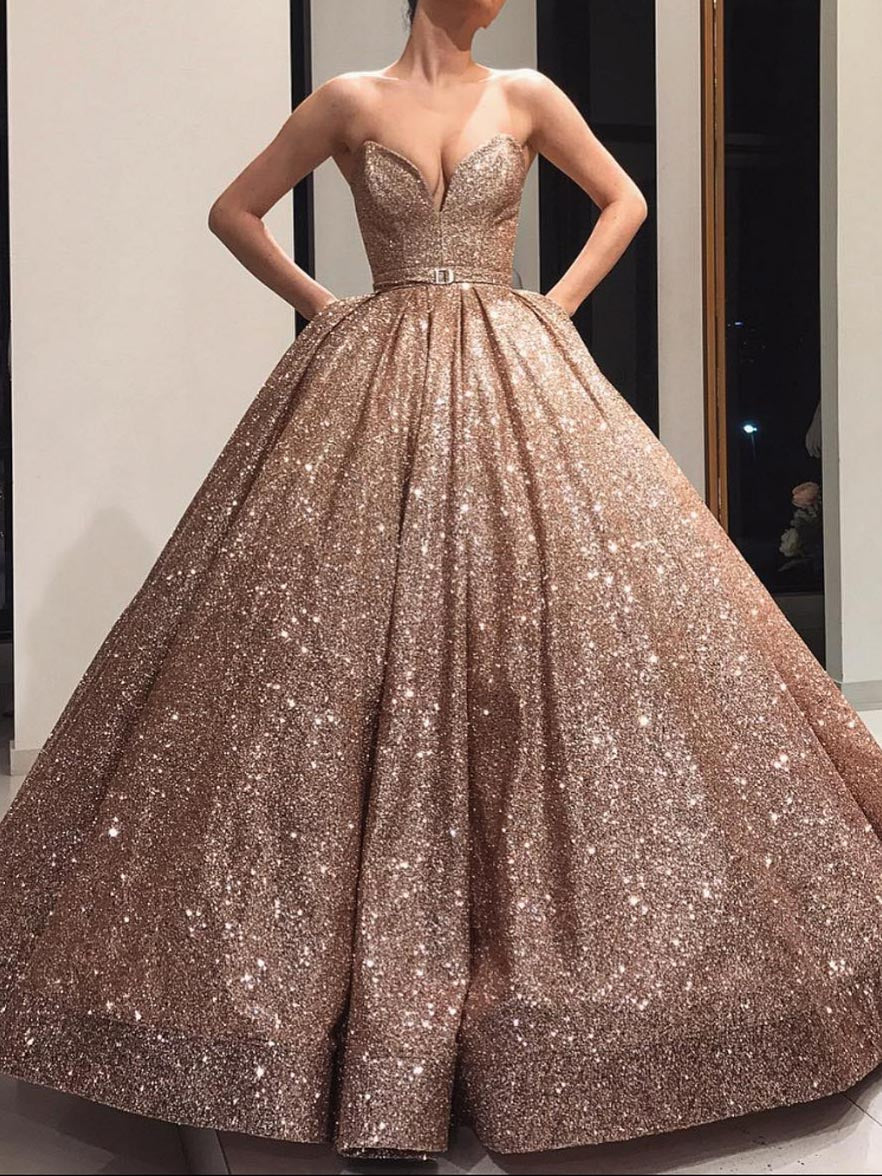 Ball Gown V-Neck Floor-Length Long Prom Dresses With Belt Sparkly Beautiful