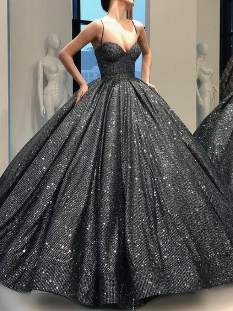 Ball Gown Spaghetti Straps Floor-Length Long Prom Dresses Sparkly Evening Dresses