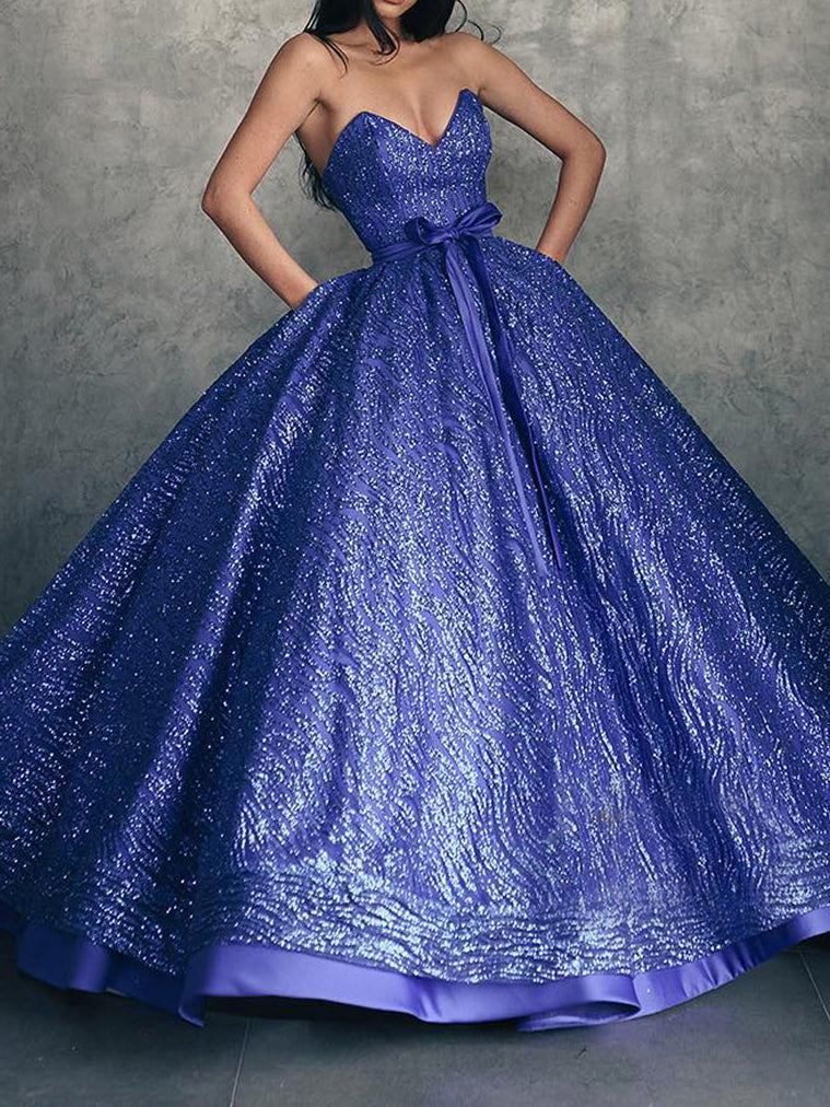 Ball Gown Strapless Floor-Length Long Prom Dresses With Belt Sexy Evening Dresses
