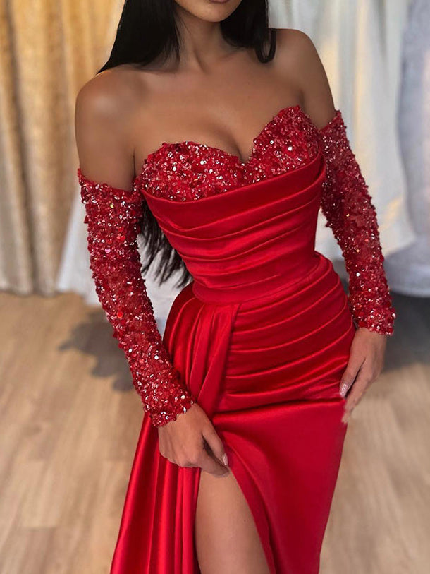 Sheath/Column Sweetheart Floor-Length Long Dresses With Split Side & Sequins Sexy