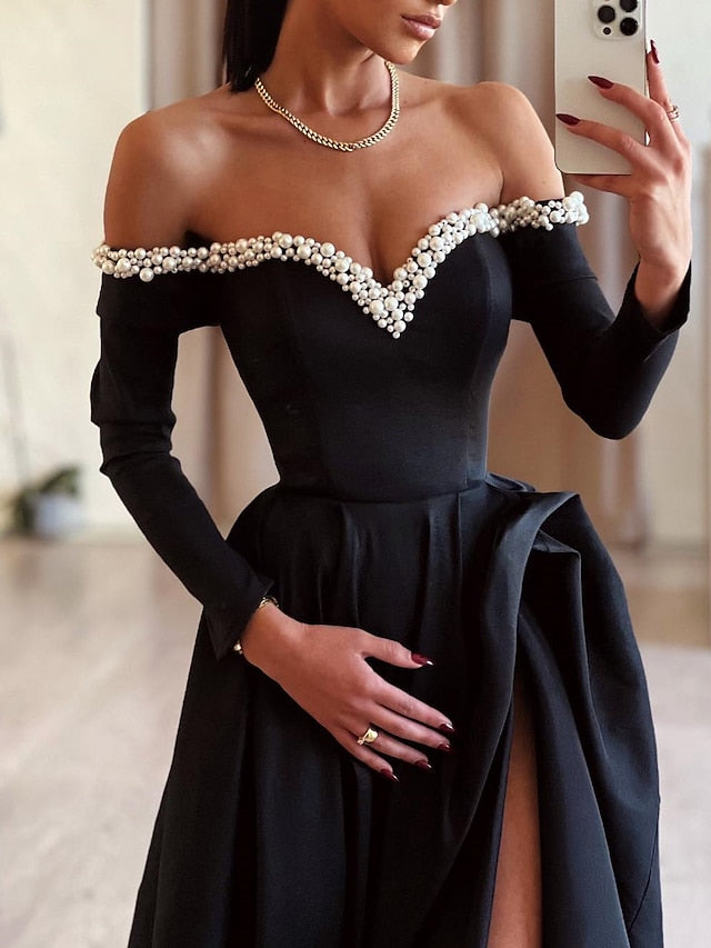 Ball Gown Off-The-Shoulder Floor-Length Long Prom Dresses With Split Side & Beading Sexy Evening Dresses