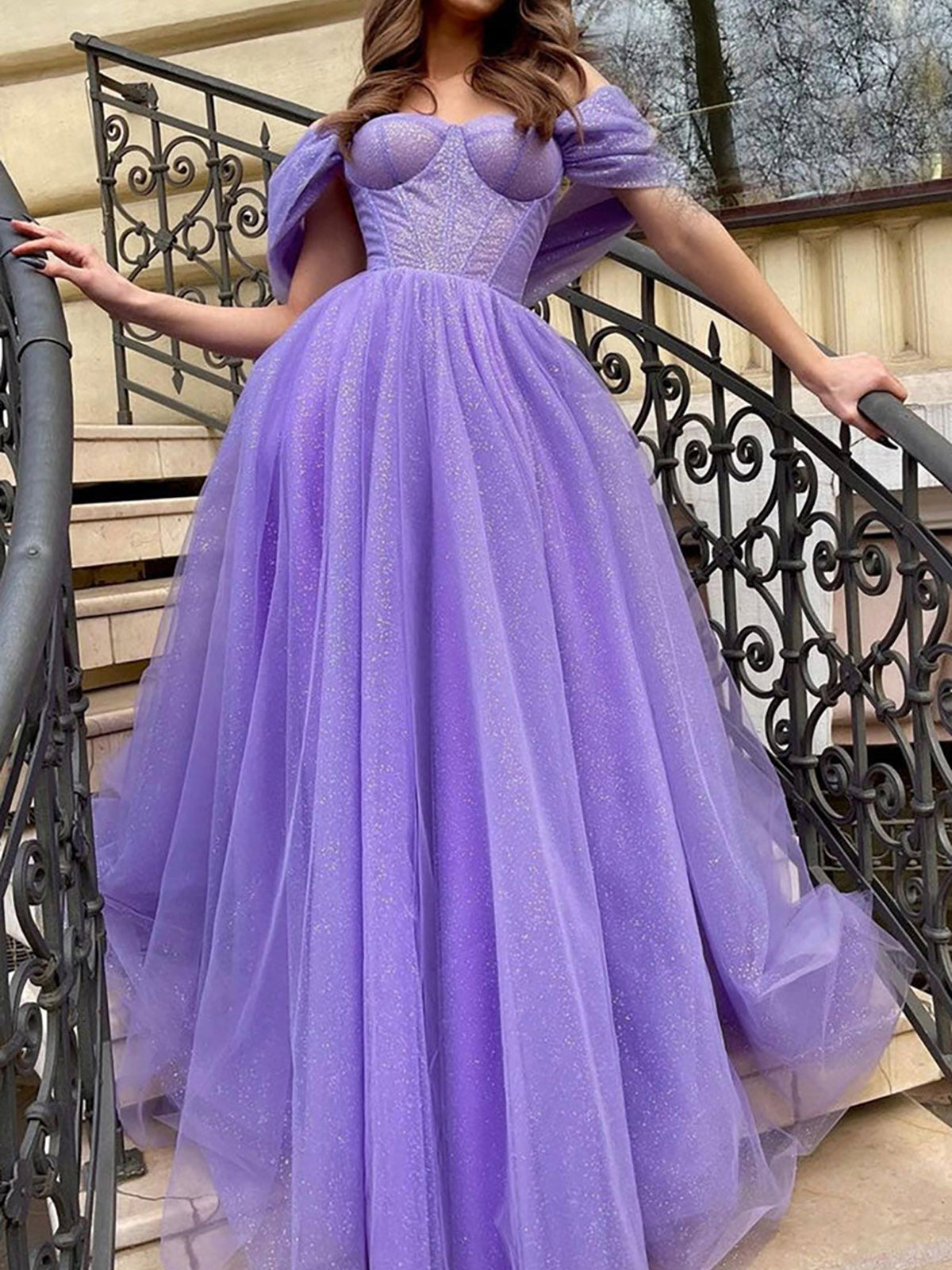 Ball Gown Off-The-Shoulder Floor-Length Long Dresses With Sequins Sparkly Evening Dresses