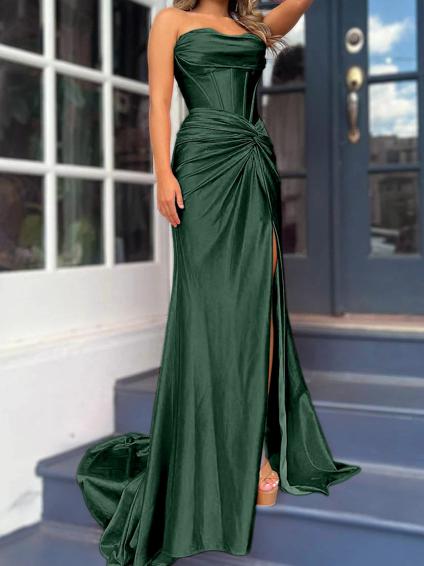 Sheath/Column Strapless Floor-Length Long Dresses With Split Side Sexy Evening Dresses