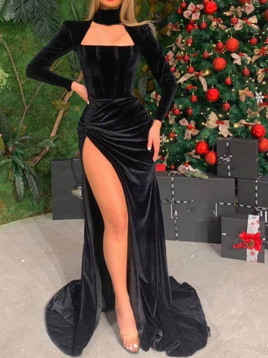 Sheath/Column Long Sleeves Long Dresses With Split Side Sexy Evening Dresses