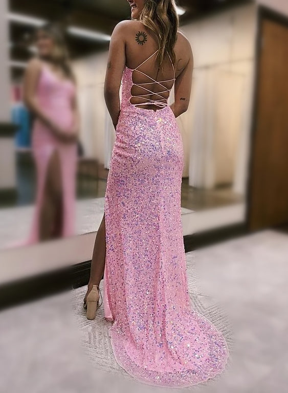 Sheath/Column Spaghetti Straps Floor-Length Prom Dresses V-neck Sparkly