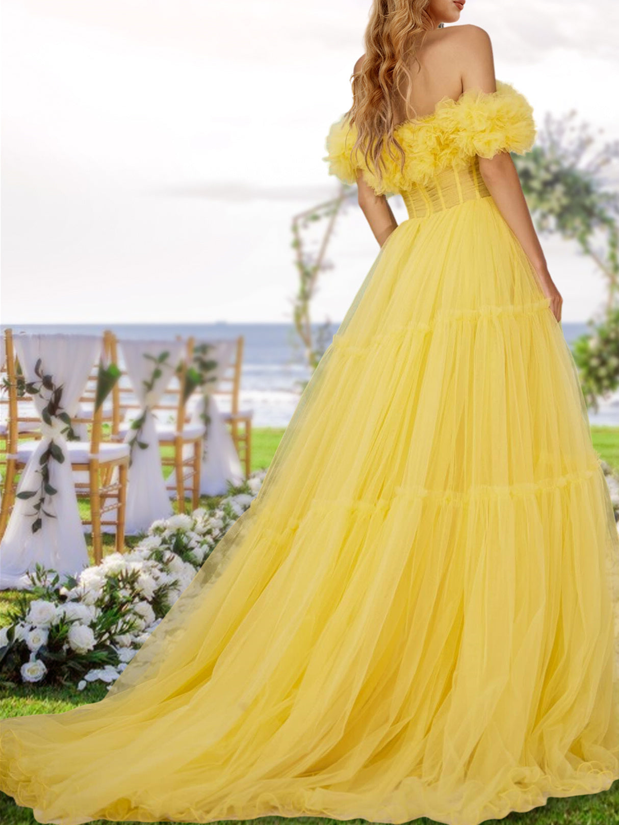 A-Line/Princess Off-The-Shoulder Long Tulle Prom Evening Party Dresses With Ruffles Pure Color