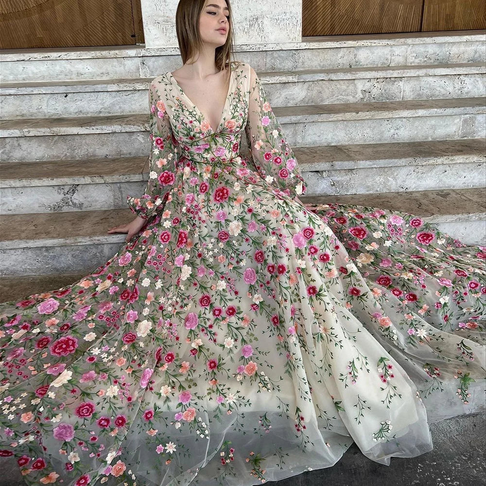 A-Line/Princess V-Neck Long Sleeves Floral Formal Party Dresses With Flowers Beautiful