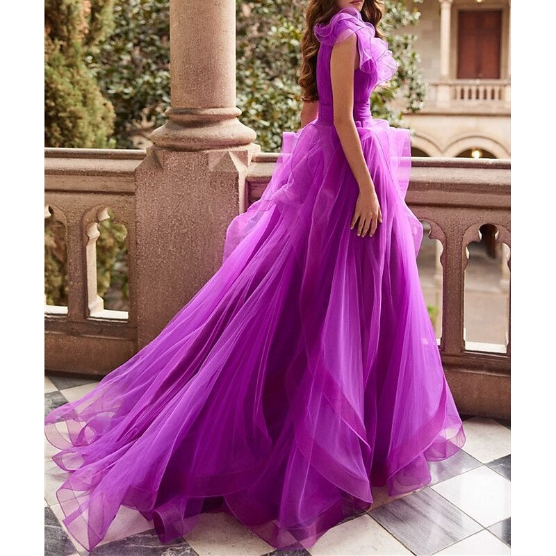 A-Line/Princess V Neck Sleeveless Floor-Length Prom Dresses With Ruffles Pure Color
