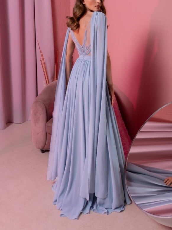 A-Line/Princess V-Neck Sleeveless Floor-Length Evening Dress With Watteau Train Sexy