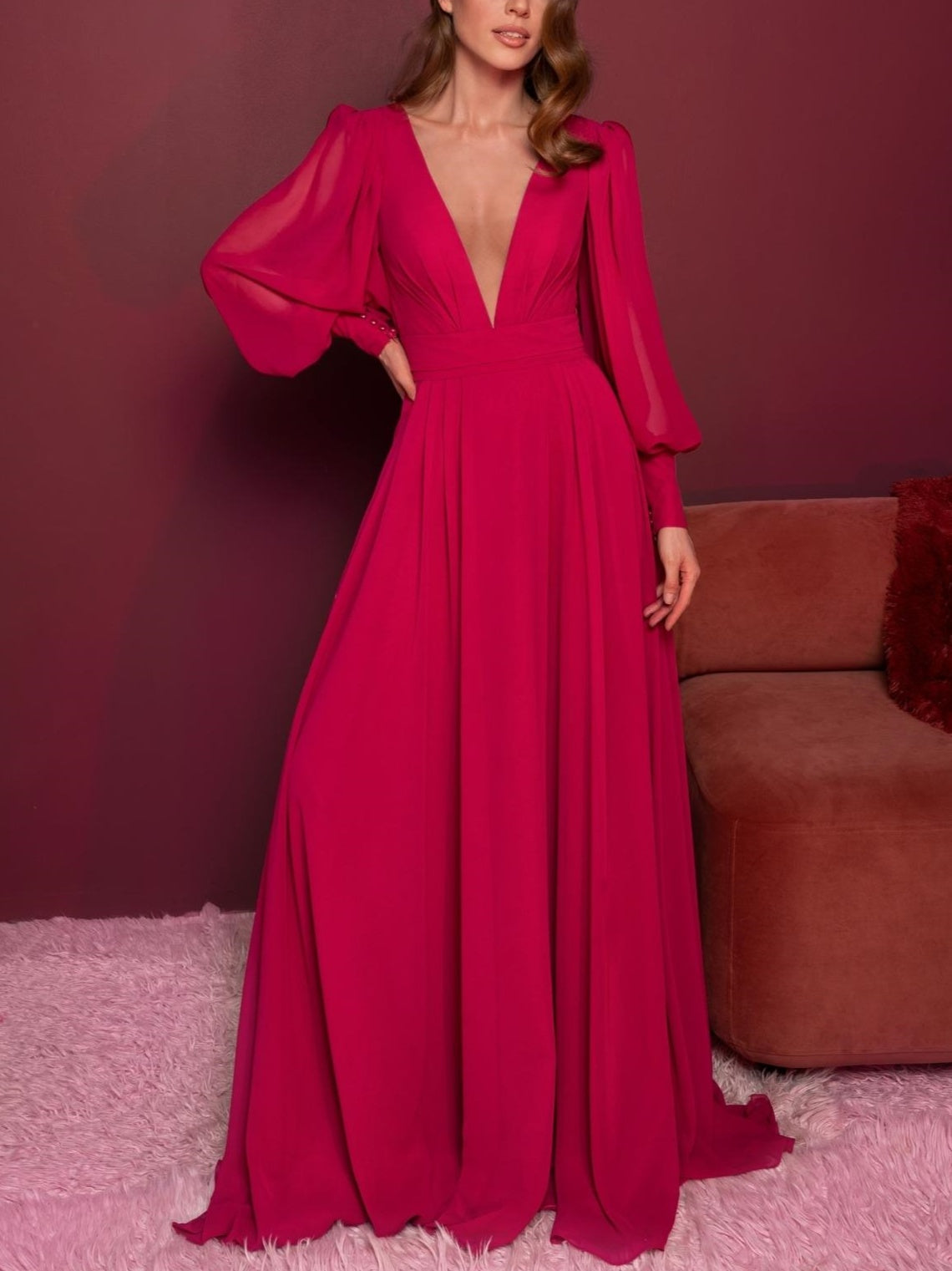 A-Line/Princess V-Neck Long Sleeves Floor-Length Evening Dress With Ruffles Sexy