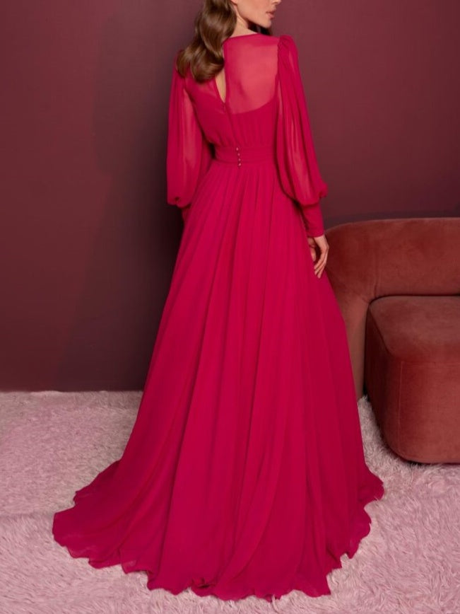 A-Line/Princess V-Neck Long Sleeves Floor-Length Evening Dress With Ruffles Sexy