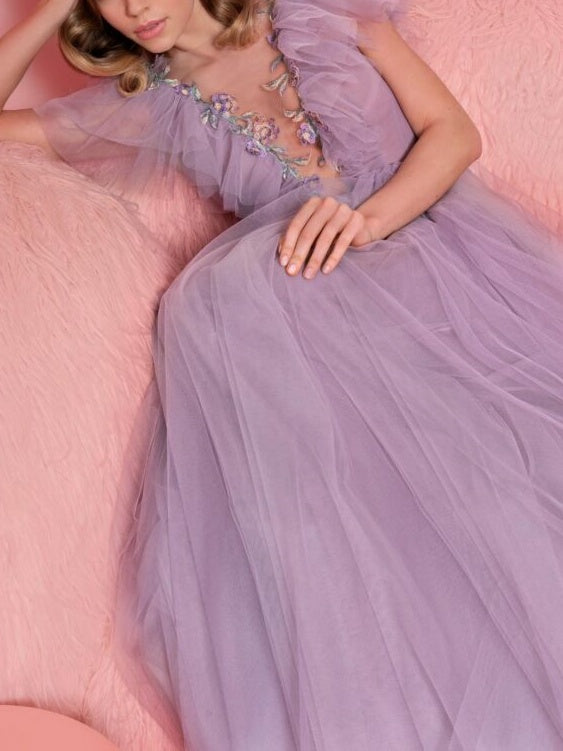 A-Line/Princess V-Neck Short Sleeves Floor-Length Evening Dress With Ruffles Sexy