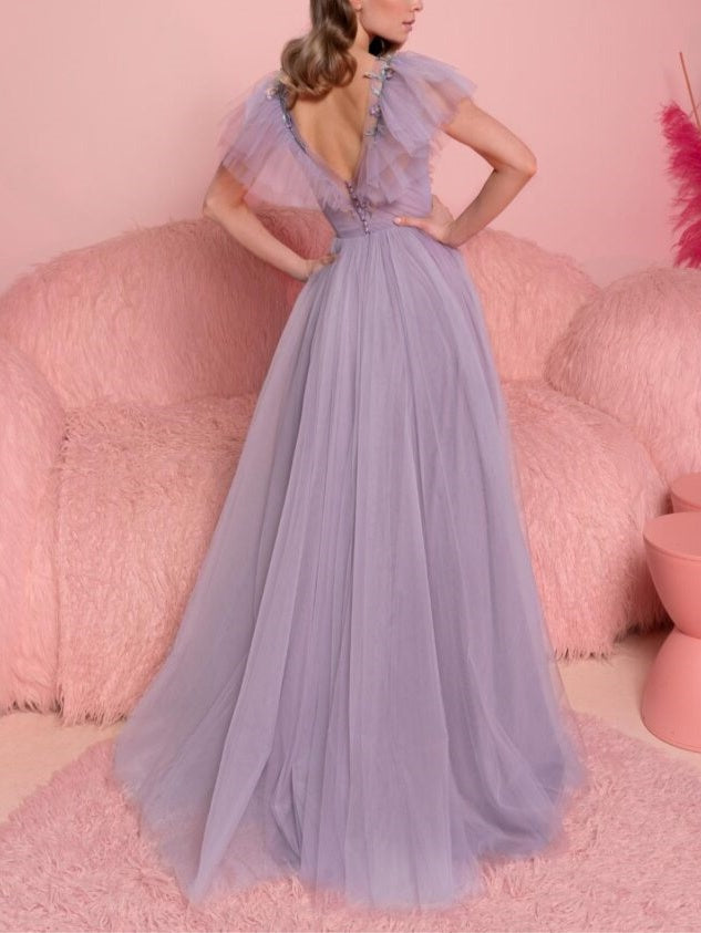 A-Line/Princess V-Neck Short Sleeves Floor-Length Evening Dress With Ruffles Sexy