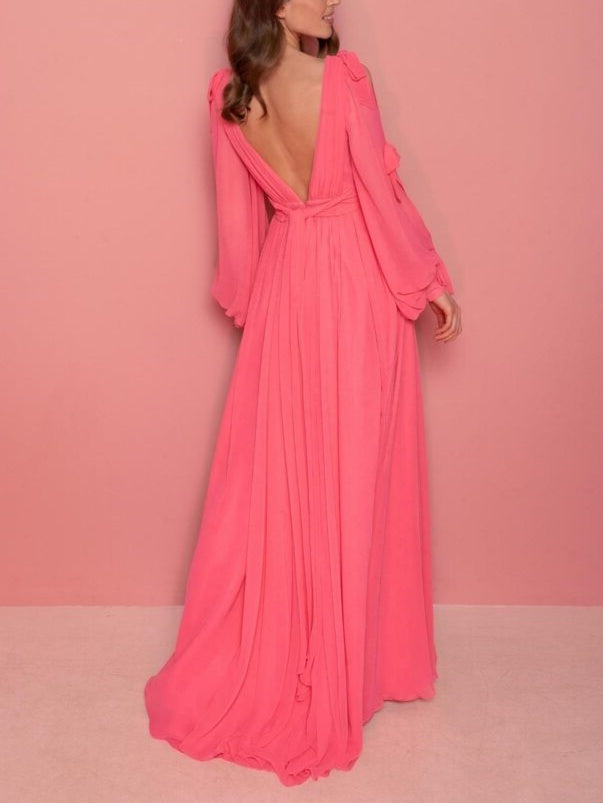 A-Line/Princess V-Neck Long Sleeves Floor-Length Evening Dress With Ruffles Sexy