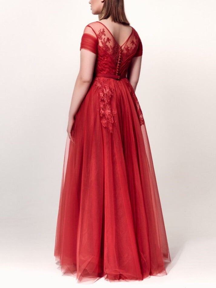 A-Line/Princess Jewel Neck Short Sleeves Ankle-Length Evening Dress With Applique Sexy