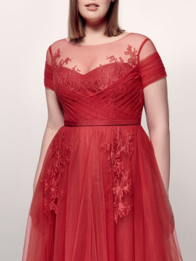 A-Line/Princess Jewel Neck Short Sleeves Ankle-Length Evening Dress With Applique Sexy