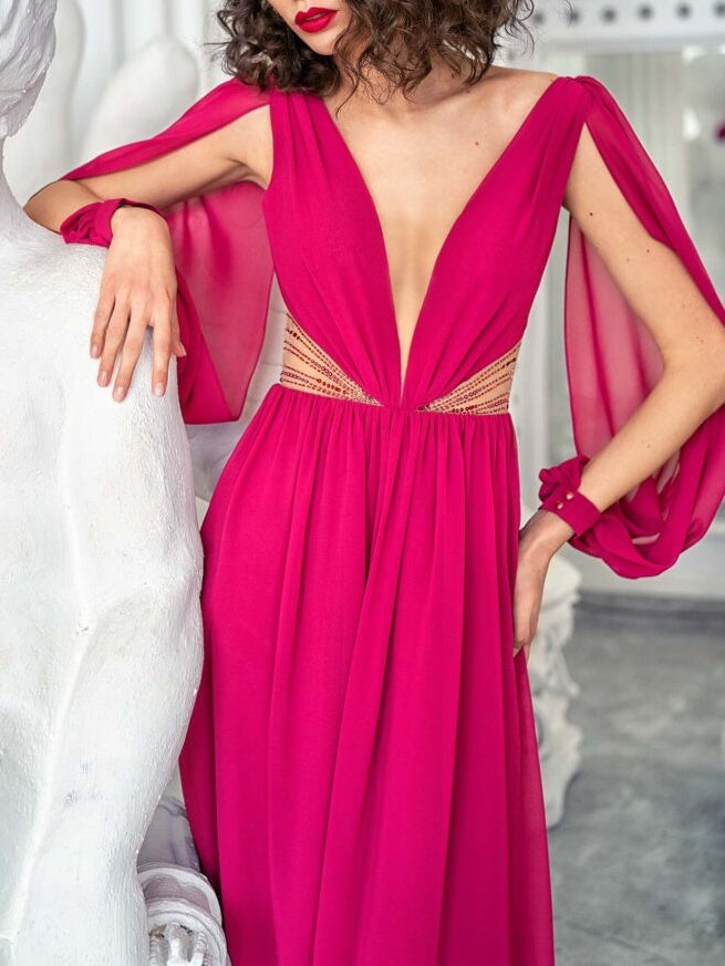 A-Line/Princess V-Neck Long Sleeves Floor-Length Evening Dress With Watteau Train Sexy