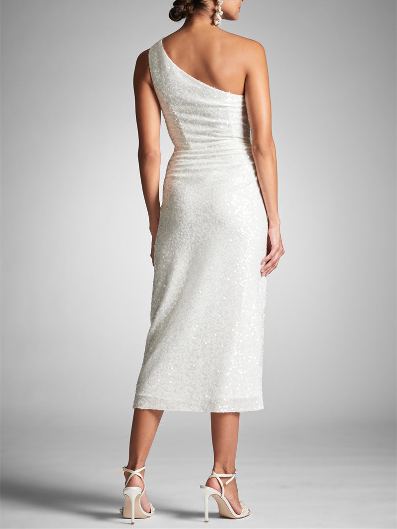 Sheath/Column One Shoulder Tea-Length Homecoming Dresses Sparkly