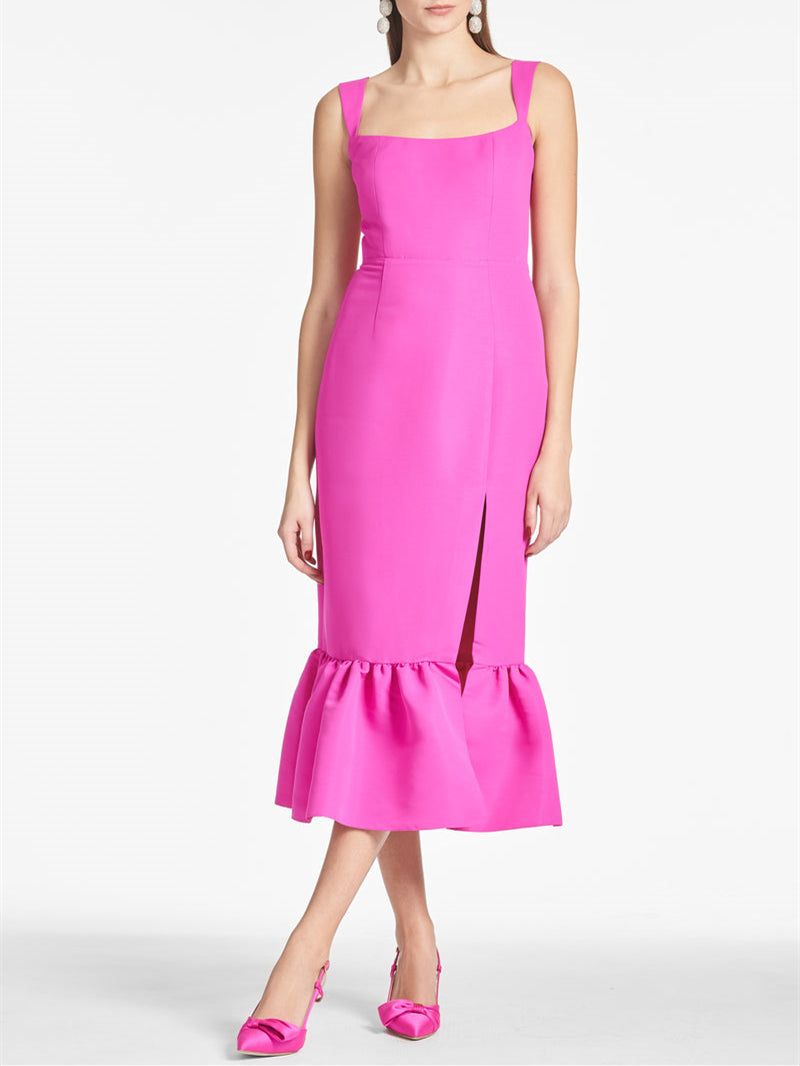 Sheath/Column Square Neck Tea-Length Homecoming Dresses Pure Color Sexy