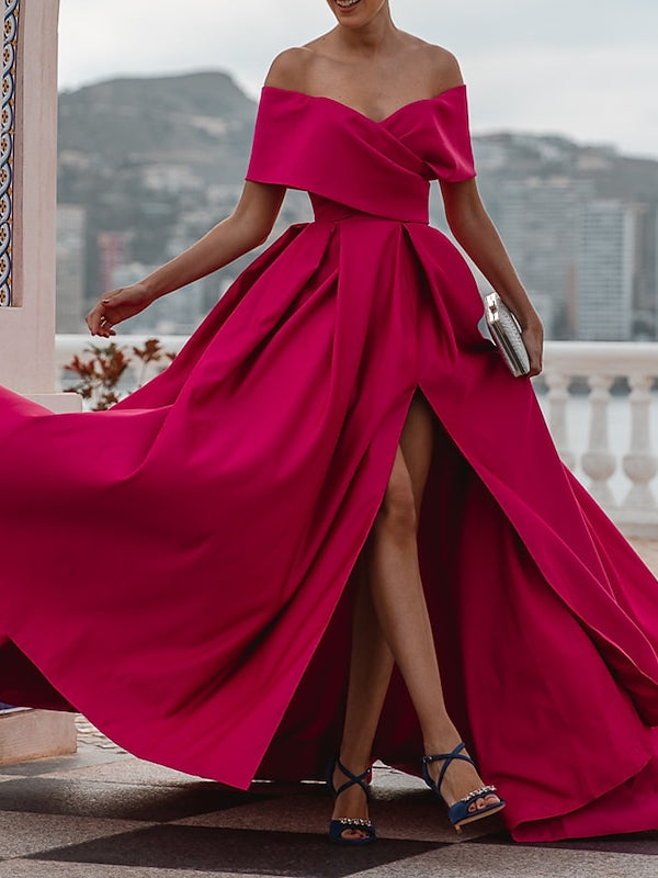 A-Line/Princess Off-The-Shoulder Short Sleeves Floor Length Evening Dress Sexy