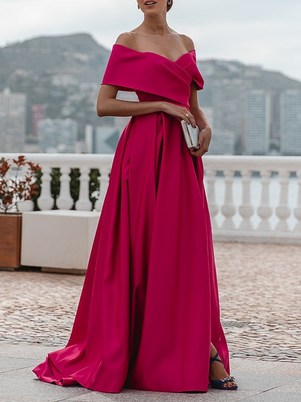 A-Line/Princess Off-The-Shoulder Short Sleeves Floor Length Evening Dress Sexy
