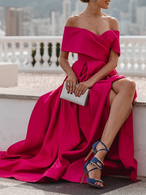 A-Line/Princess Off-The-Shoulder Short Sleeves Floor Length Evening Dress Sexy