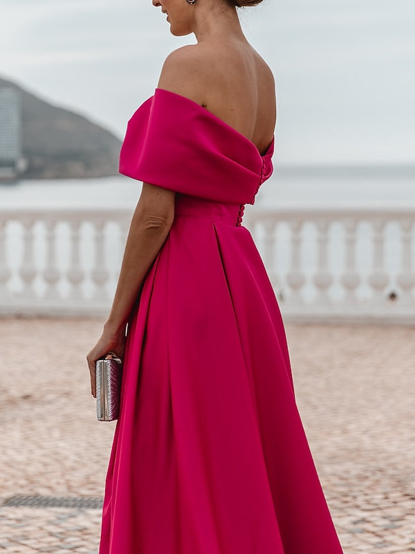 A-Line/Princess Off-The-Shoulder Short Sleeves Floor Length Evening Dress Sexy